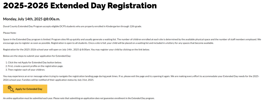 Save the date for Extended Day Registration! Please click the link below for more information including the application when it opens on July 14th at 8:00 am. https://www.duvalschools.org/.../2025-2026-extended-day...