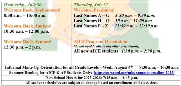 2025 Summer Orientation Dates and Times