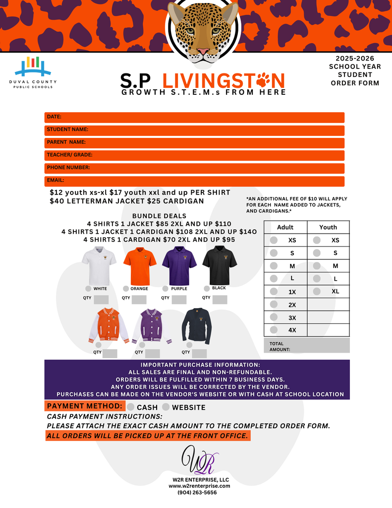 2025-2026 school year Student Order Form 