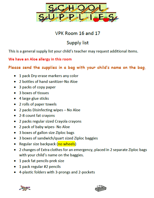 PreK/VPK School Supply List (2025-2026)