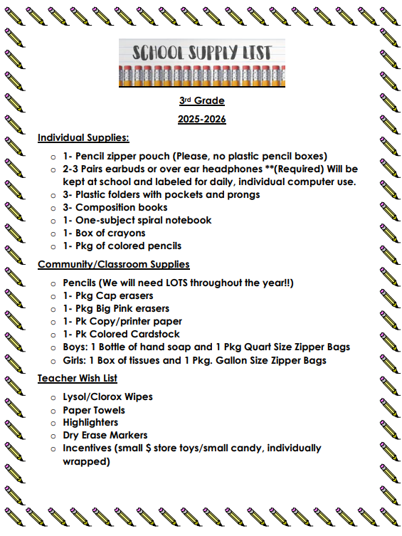 3rd Grade School Supply List (2025-2026)