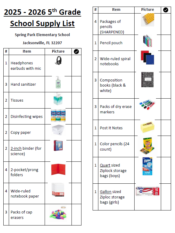 5th Grade School Supply List (2025-2026)