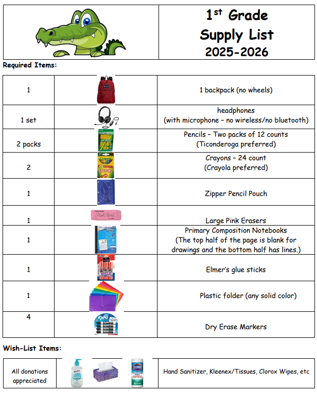 1st Grade School Supply List (2025-2026)