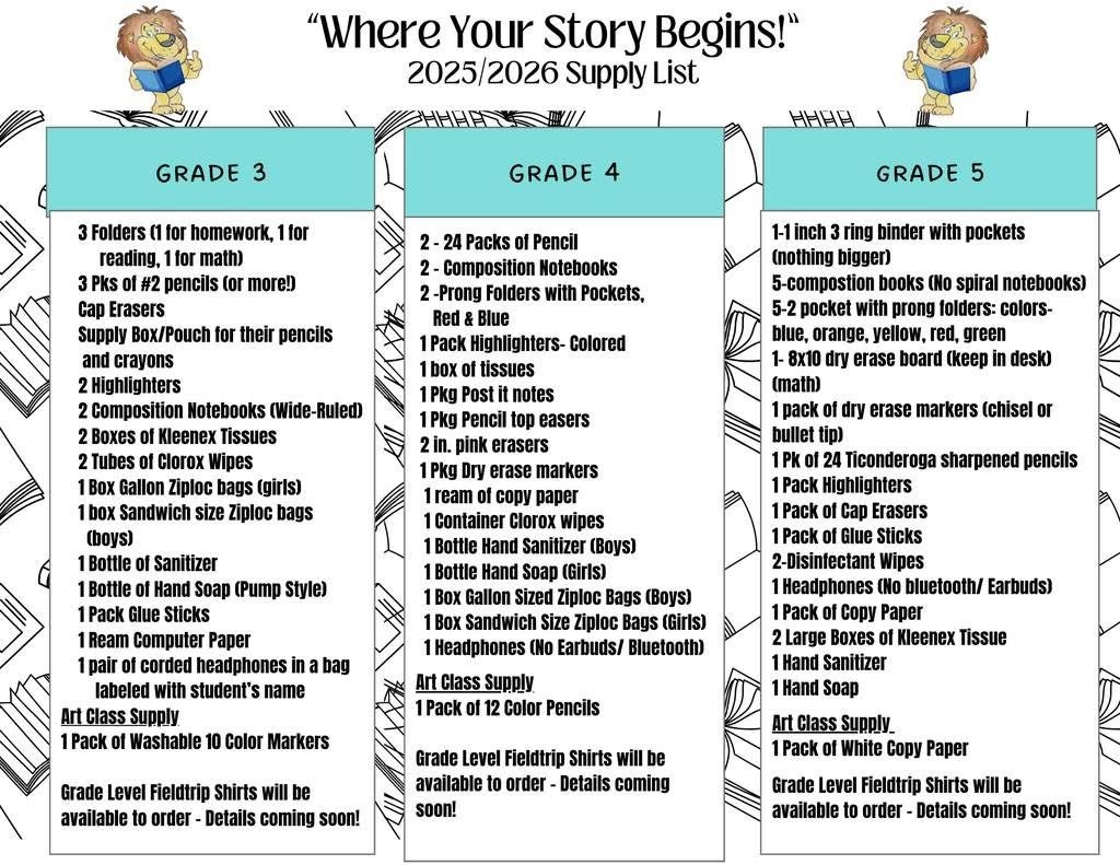 Please see below for supply lists. Families are welcome to drop off supplies at meet the teacher on Friday! 