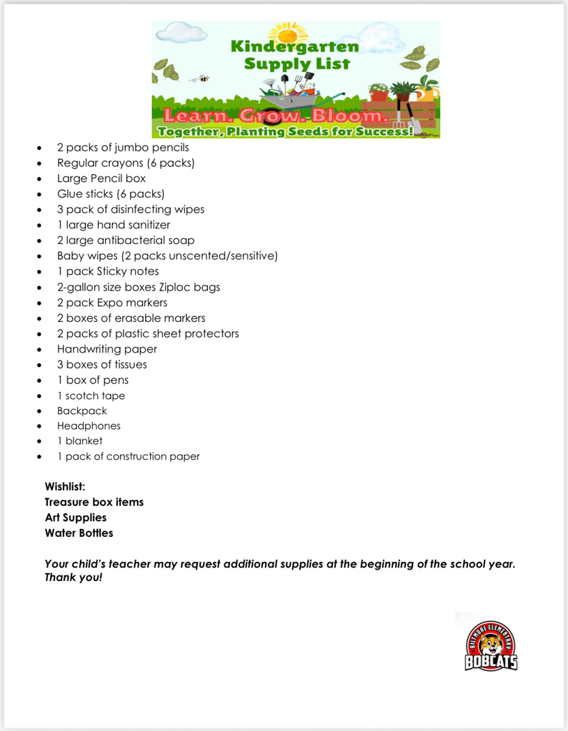 School Supply Lists for students PI, K-5th Grade Photo of outside Garden