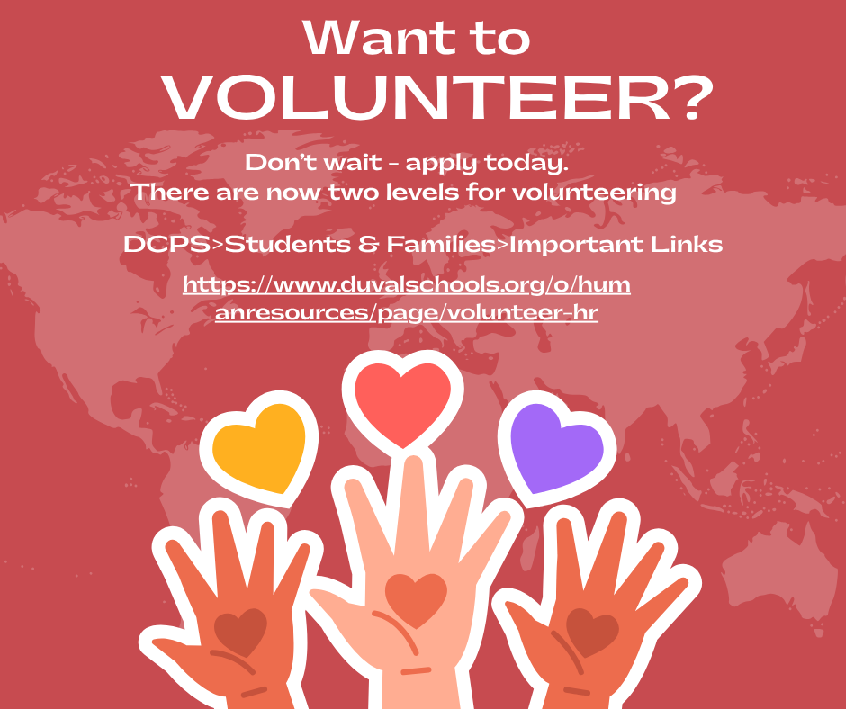 Want to volunteer? Don't wait - apply today. DCPS>Students & Families>Important Links;https://www.duvalschools.org/o/humanresources/page/volunteer-hr; hands being raised