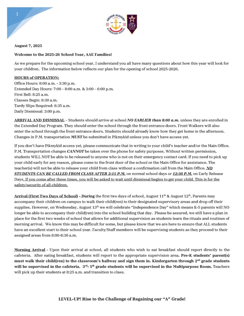 Welcome Back Letter - pg. 1