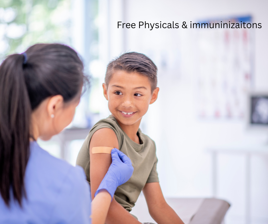 Free Physicals & immuninizaitons - image of child getting a shot from doctor