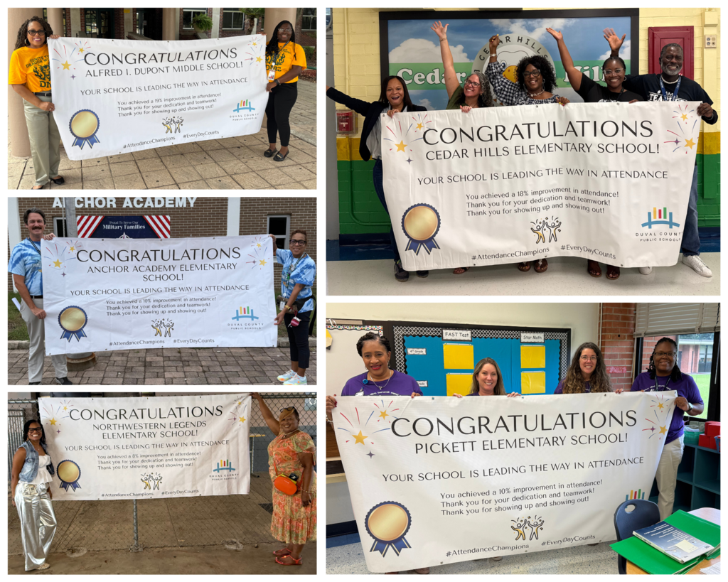 Anchor Academy ES, Cedar Hills ES, Northwestern Legends ES, Pickett ES, and Alfred duPont MS each presented with Attendance Champion banners