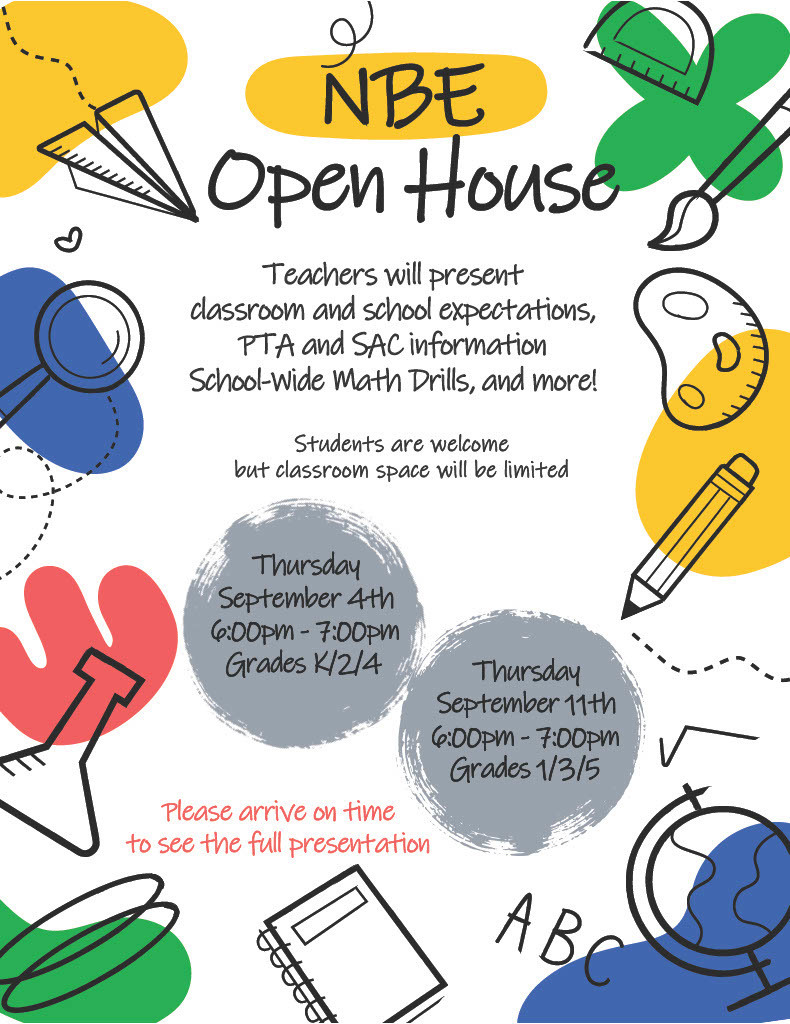 open house flyer sept 4 grades k/2/4 at 6:00pm and sept 11 grades 1/3/5 at 6:00pm