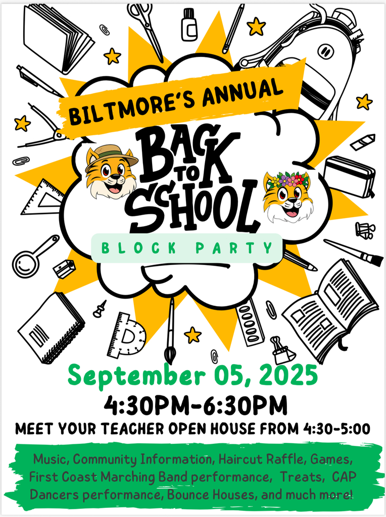 Flyer with photos of Bobcats one with hat and one with flowers and text about Block Party