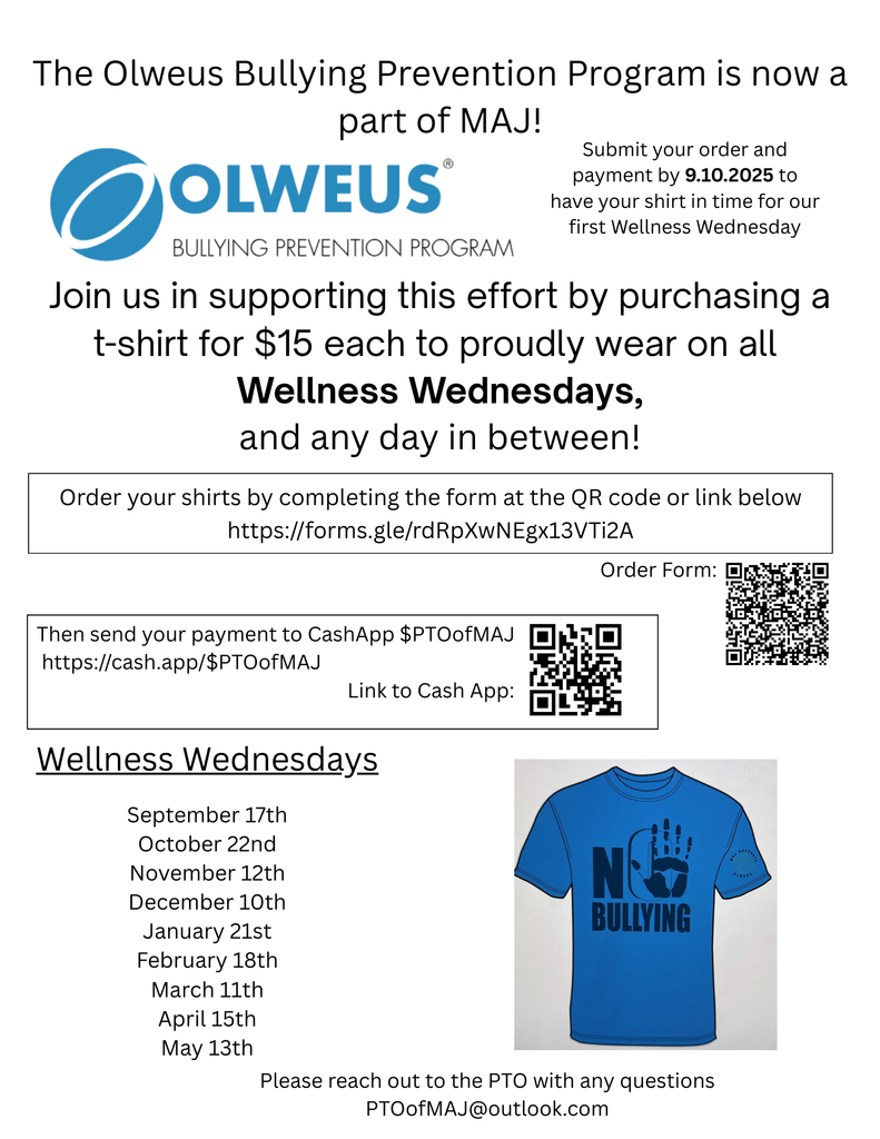 QR codes to order and purchase Olweus Bully prevention shirts.  $15 each to wear on Wellness Wednesdays.