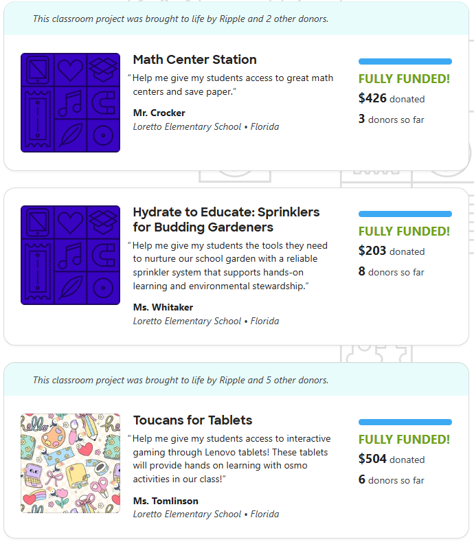 Three DonorsChoose projects fully funded thanks to our generous donors!
