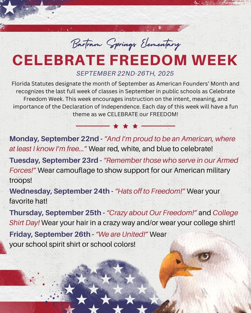 Celebrate Freedom Week flyer from Bartram Springs Elementary for September 22–26, 2025. The flyer explains that the week honors the meaning of the Declaration of Independence as part of American Founders’ Month. Each day has a themed activity: Monday, wear red, white, and blue to show American pride. Tuesday, wear camouflage to support U.S. military troops. Wednesday, wear your favorite hat for 'Hats off to Freedom.' Thursday is 'Crazy about Our Freedom' and College Shirt Day—students can wear crazy hairstyles and/or a college shirt. Friday, wear school spirit shirts or school colors to celebrate unity.