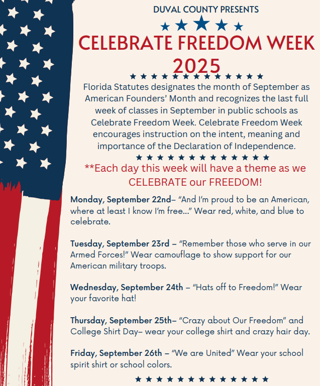 Monday- Wear Red, White and Blue Tuesday-Wear Camo Wednesday- Wear your favorite hat  Thursday-Ear your college shirt and crazy hair day  Friday- Wear your school spirit shirt