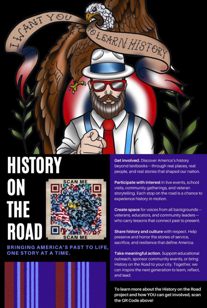 Westside High School history teacher Daniel Tobias Flint stands alongside the History on the Road graphic, announcing his new national project that takes U.S. History lessons out of textbooks and into the communities where they happened.