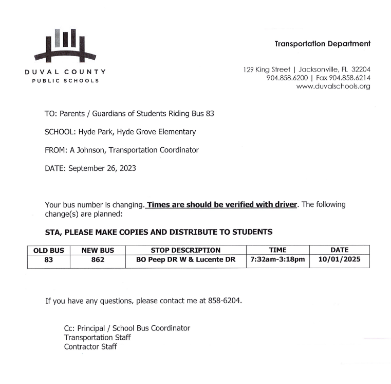 Bus route change- Bus #83 Bo Peep Dr W. & Lucente Dr  will ride Bus #862 Effective Wednesday, October 1, 2025