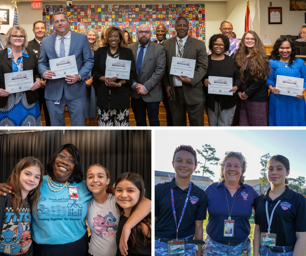 This is an image created in Canva that shows a mashup of three photos featuring principals and students.