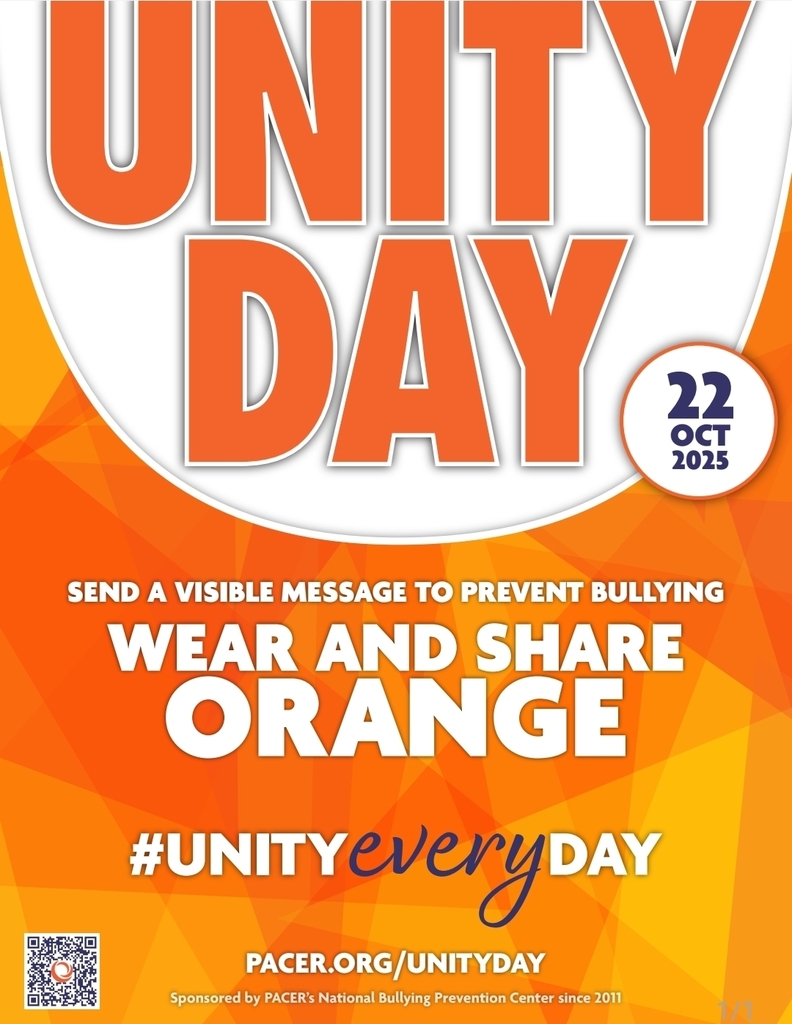 Unity Day flyer for October 22, 2025, encouraging people to wear and share orange to send a visible message to prevent bullying. Includes the hashtag #UnityEveryDay and PACER.org/UnityDay.
