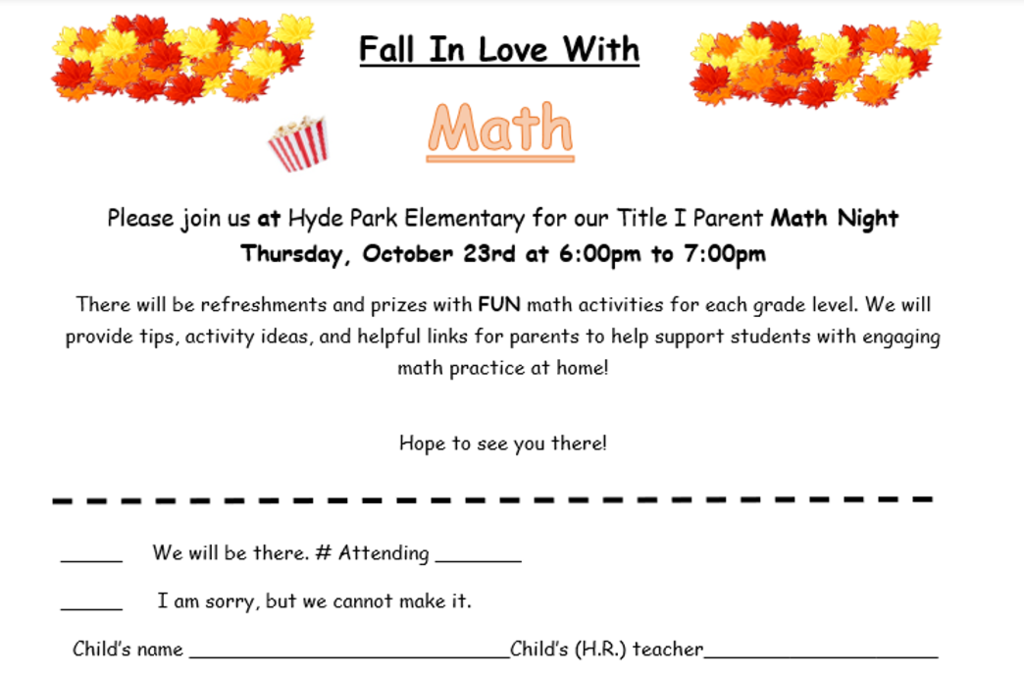 Fall in love with Math. Math Night Flyer. Leaves images