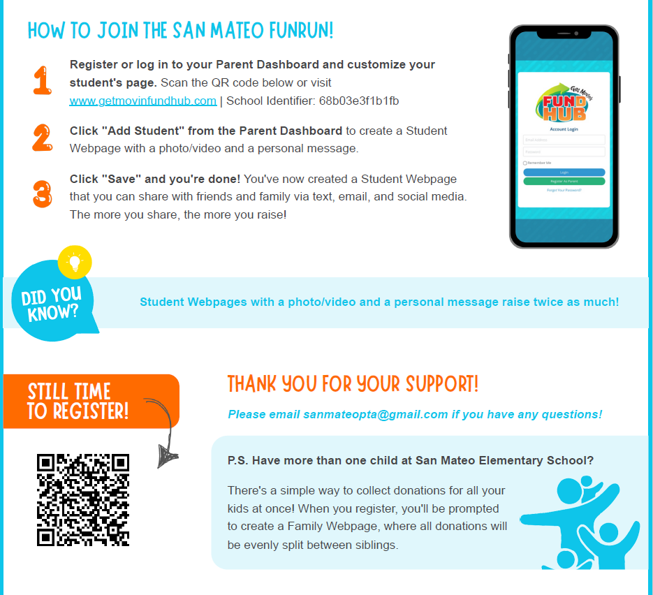 Please register your child now and start raising money for the Fun Run October 24th at San Mateo Elementary School