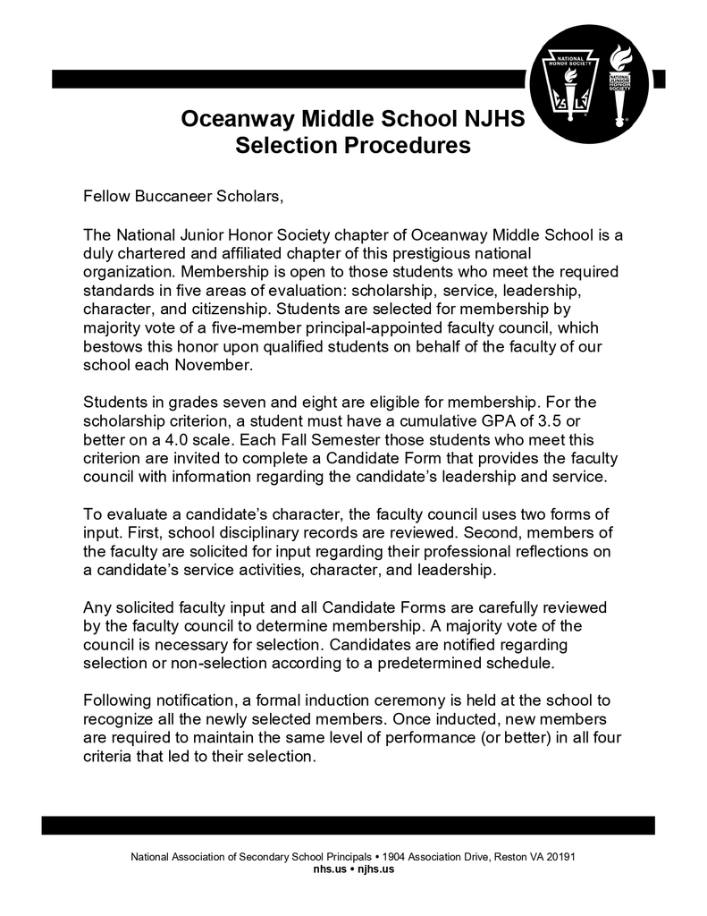 Selection Procedure for NJHS