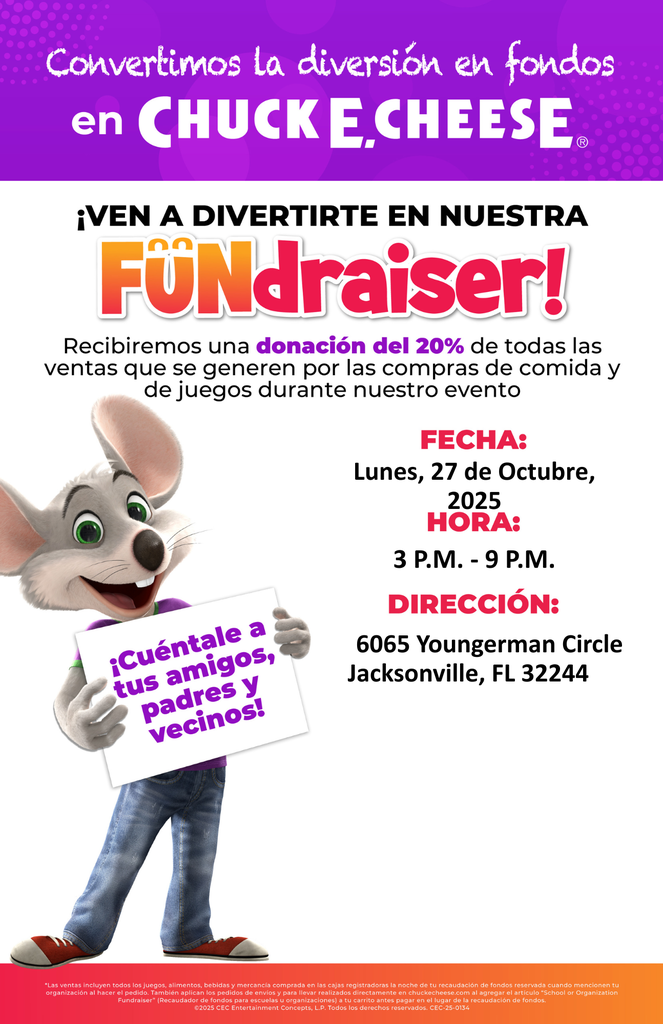 Convierte la diversión en dinero en Check E Cheese. Ven a divertirte en nuestra recaudación de fondos. Nuestra escuela recibirá una donación del 20% de todas las ventas generadas. Lunes 27 de octubre, de 15:00 a 21:00 h.