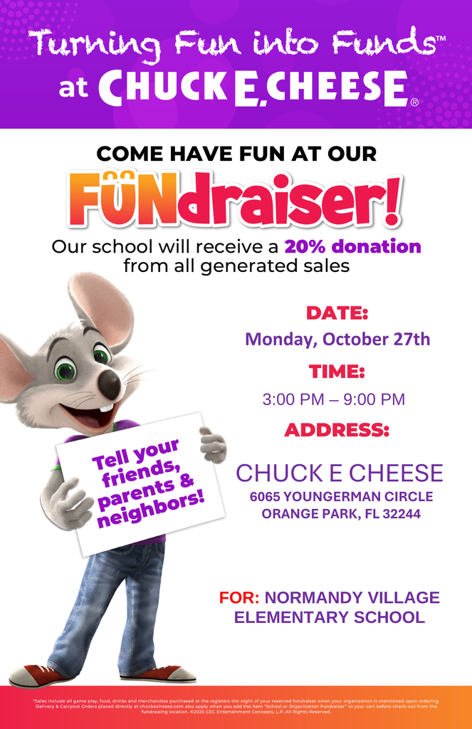 turning fun into funds at check E cheese. come have fun at our fundraiser. Our school will earn a 20% donation from all generated sales . Monday, October 27 from 3-9 pm