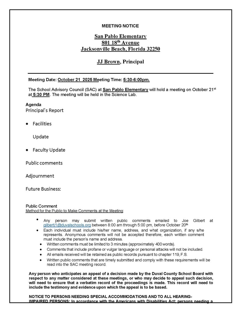 SAC Meeting Tuesday October 21st