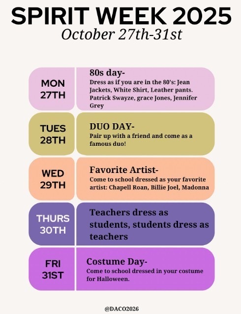 Spirit Week is next week OCT 27 to 31