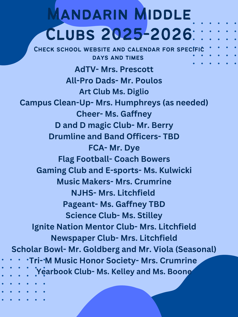 Mandarin Middle School Club List for 2025-2026