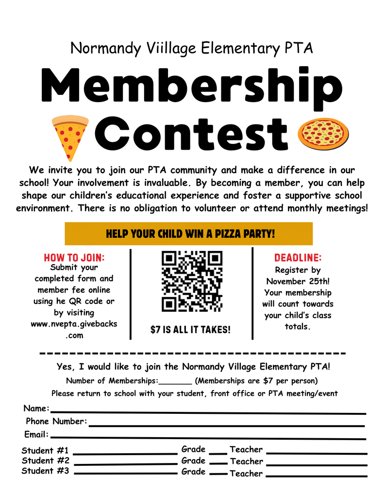 Normandy Village PTA; membership contest; We invite you to join our PTA community and make a difference in our school! Your involvement is invaluable. By becoming a member, you can help shape our children’s educational experience and foster a supportive school environment. There is no obligation to volunteer or attend monthly meetings
