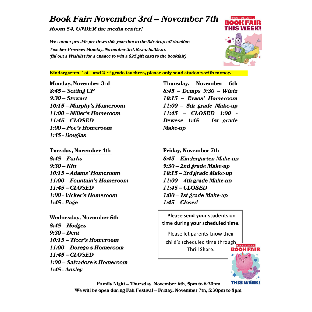 Class Detail Schedule Book Fair 11/3-7/2025