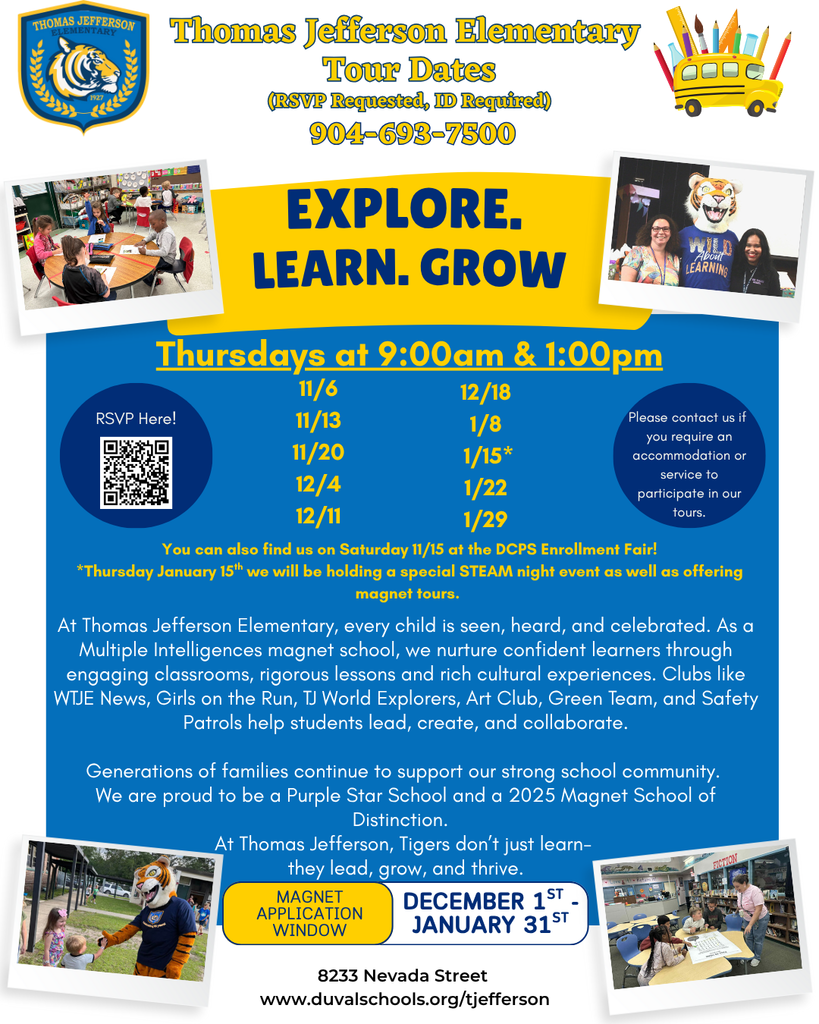 Thomas Jefferson Elementary Tour Schedule for the 2025-2026 School Year