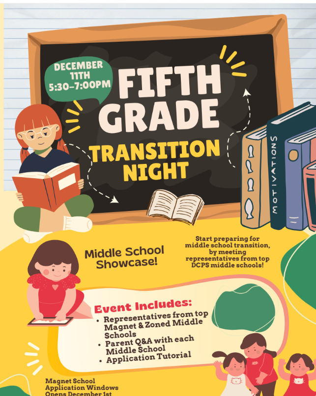 Flyer for 5th Grade transition night on December 11 from 5:30 to 7 pm showcasing magnet and local middle schools to make the transition seamless.