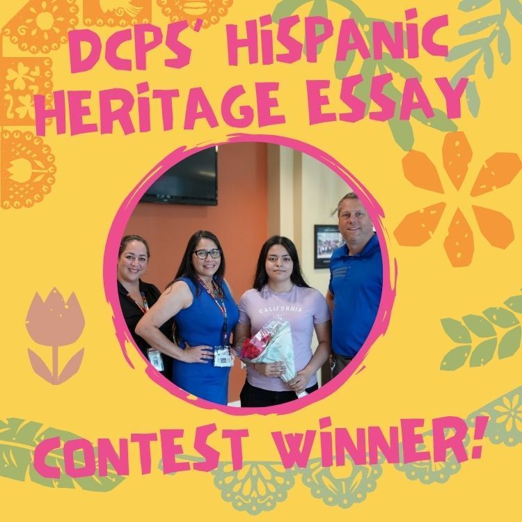 DCPS Hispanic heritage essay contest winner, photo of student with admin