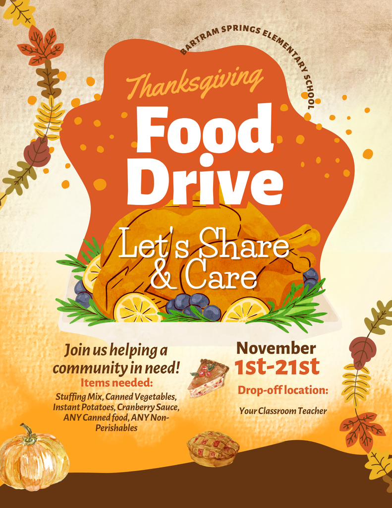 Thanksgiving Food Drive flyer with a turkey illustration, fall decorations, donation dates (Nov 1–21), and a list of needed non-perishable items.