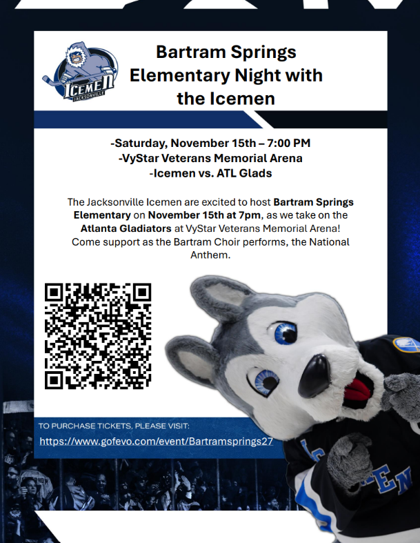 Flyer for Bartram Springs Elementary Night with the Icemen on November 15th at 7 PM, featuring game details, mascot image, and ticket link.