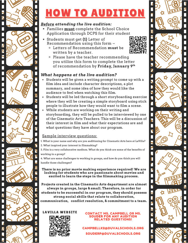 directions for how to audition for film making at lavilla school of the arts