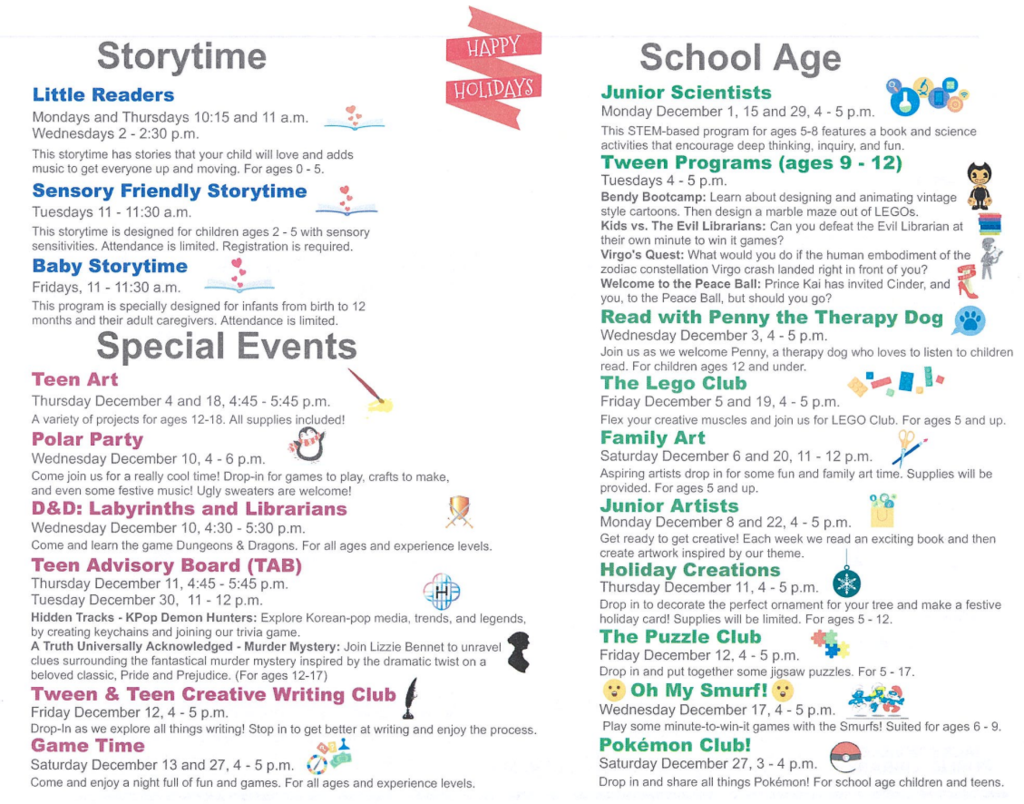 Pablo Creek Library Activity Calendar for December