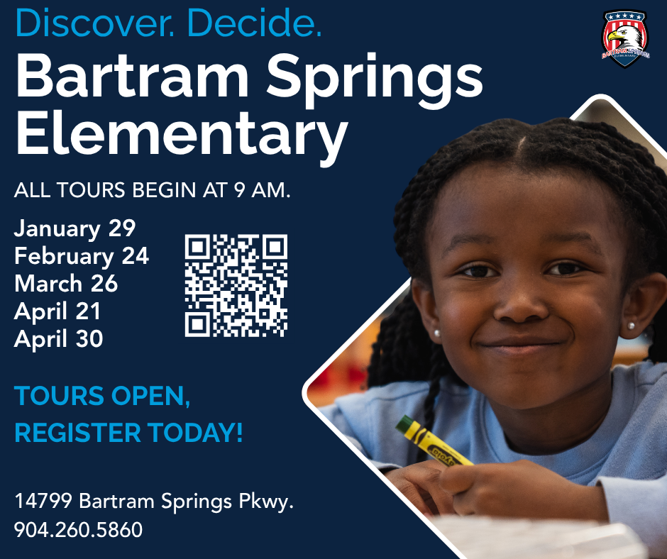 Promotional graphic for Bartram Springs Elementary announcing school tour dates with a student smiling, a QR code, and dates: January 29, February 24, March 26, April 21, and April 30. Tours begin at 9 a.m.