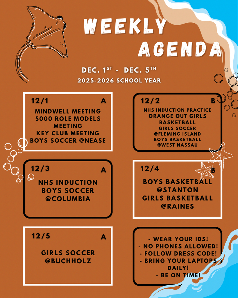 ACHS Weekly Agenda for 12-1-25 to 12-5-25. See post for more information.