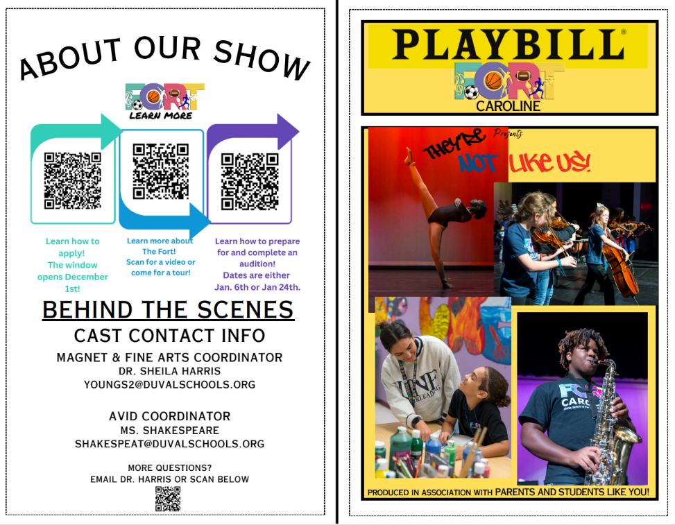 Flyer with QR code on additional information for Fort Caroline School of Visual and Fine Arts and contact information for program directors