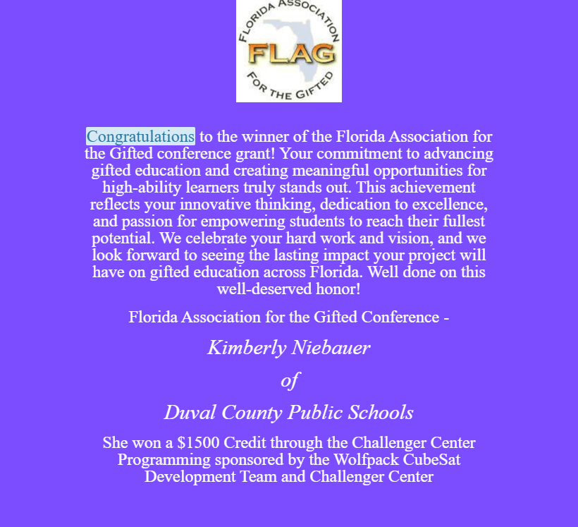 Challenger Center grant winner is Ms. Niebauer