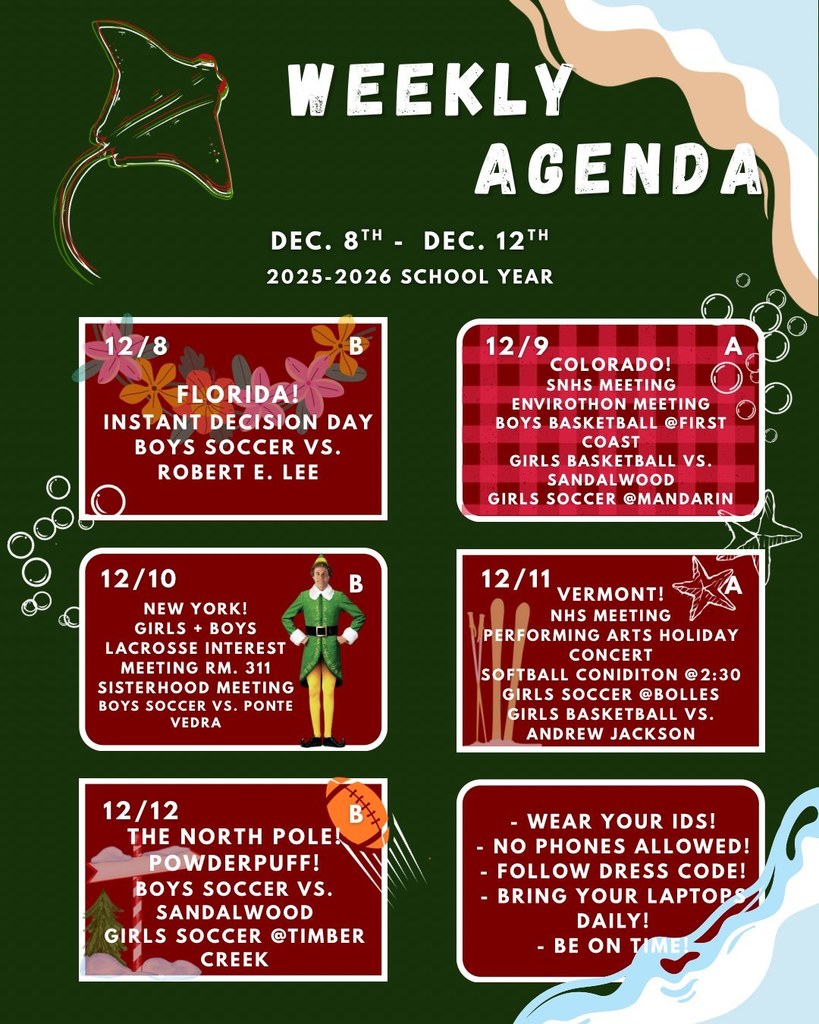 ACHS Weekly Agenda for 12-8-25 to 12-12-25. See post for more information.