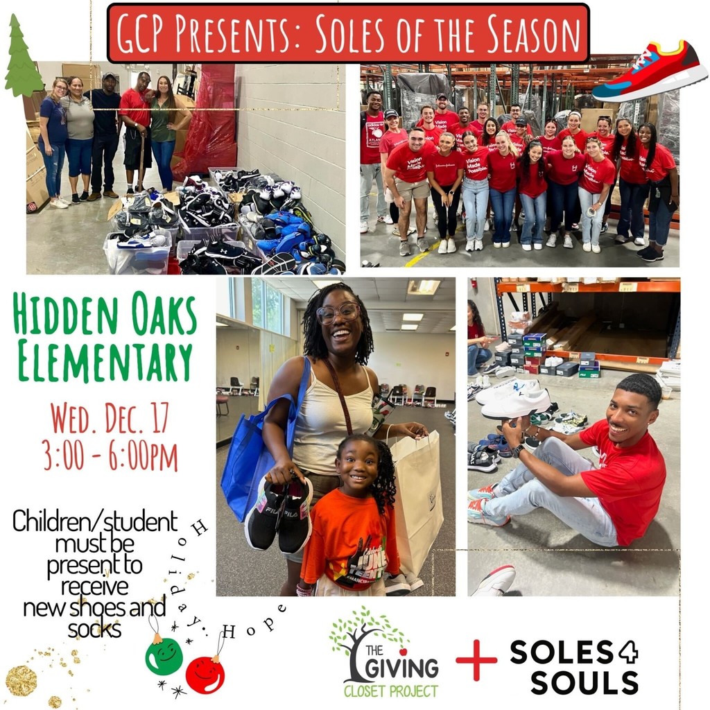 Soles of the Season Flyer for students to receive new shoes and socks on Wednesday, December 17, 2025 from 3pm-6pm at Hidden Oaks Elementary School. 
