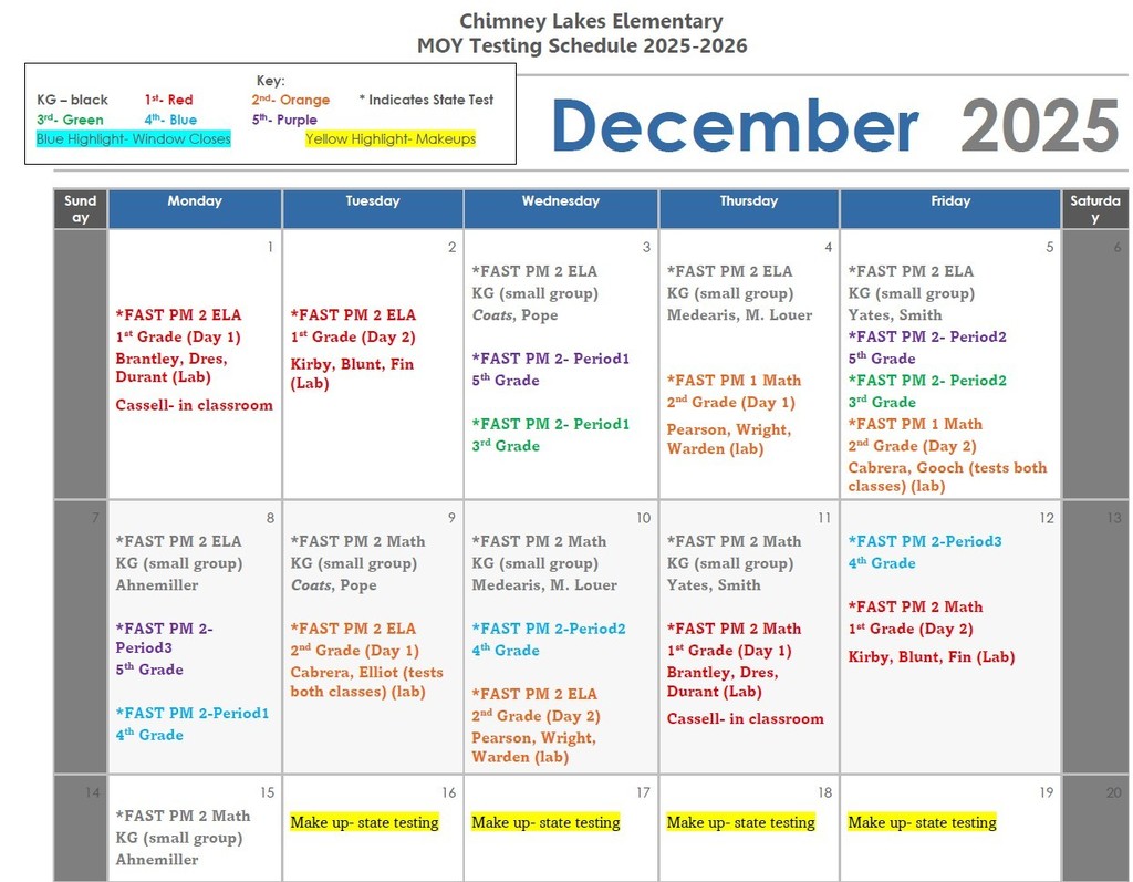 December Testing Calendar
