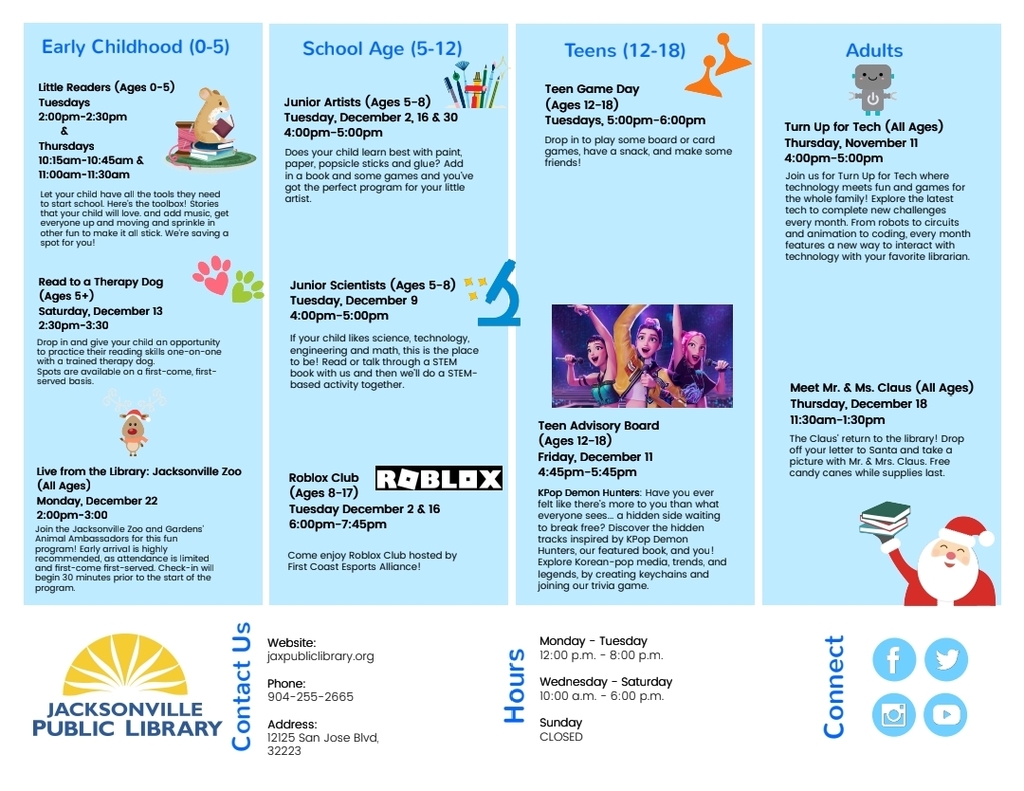 South Mandarin Library program guide listing details for Early Childhood, School Age, Teen, and Adult events in December 2025, including Little Readers, Junior Scientists, Roblox Club, Teen Advisory Board, Turn Up for Tech, Meet Mr. & Mrs. Claus, and more. Includes library contact information, hours, and icons.