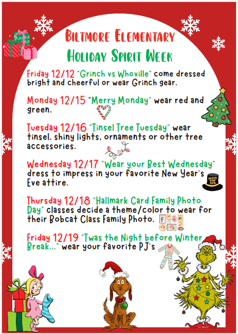 flyer with Christmas and Grinch pictures and colored text