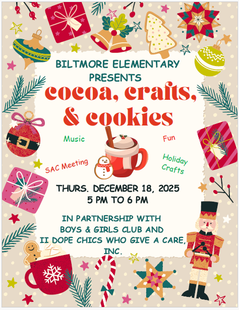 flyer with Christmas mug with cocoa, and colored text